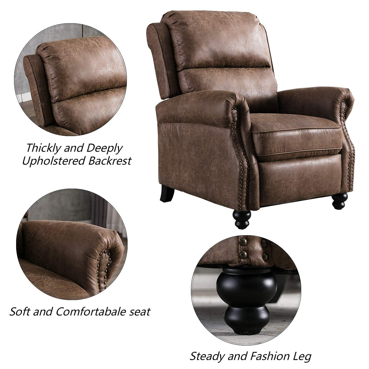 CANMOV Pushback Recliner Chair Set of 2, Faux Leather Armchair Push Back Recliner with Rivet Decoration Single Sofa Accent Chair for Living Room, Chocolate CANMOV