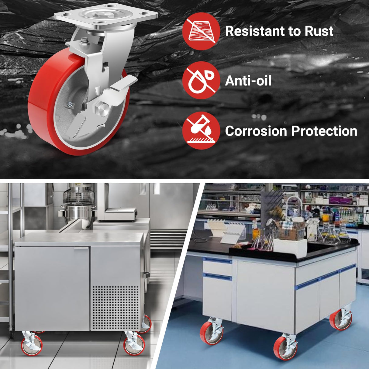 Nefish 6 Inch Heavy Duty Industrial Grade Casters Wheels, Aluminum Core PU Castor Set of 4, Durable Plate Swivel Casters with Brake 5000 LBS, Anti-Corrosion Wheels for Industrial, Equipment Nefish