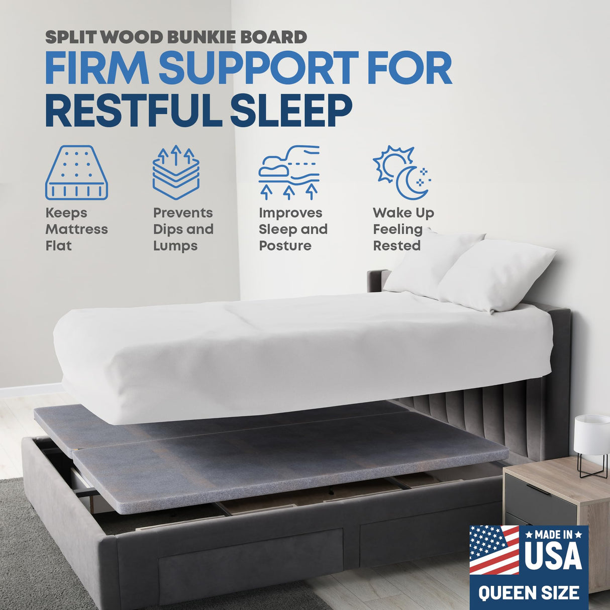 Greaton, Premium 38mm Split Wood Bunkie Board Queen Size Bed - 2-Piece Under Mattress Support Board, Fully Assembled, Fabric Ventilation Cover - Replaces Wooden Slats or Box Spring for Bed Frames Greaton