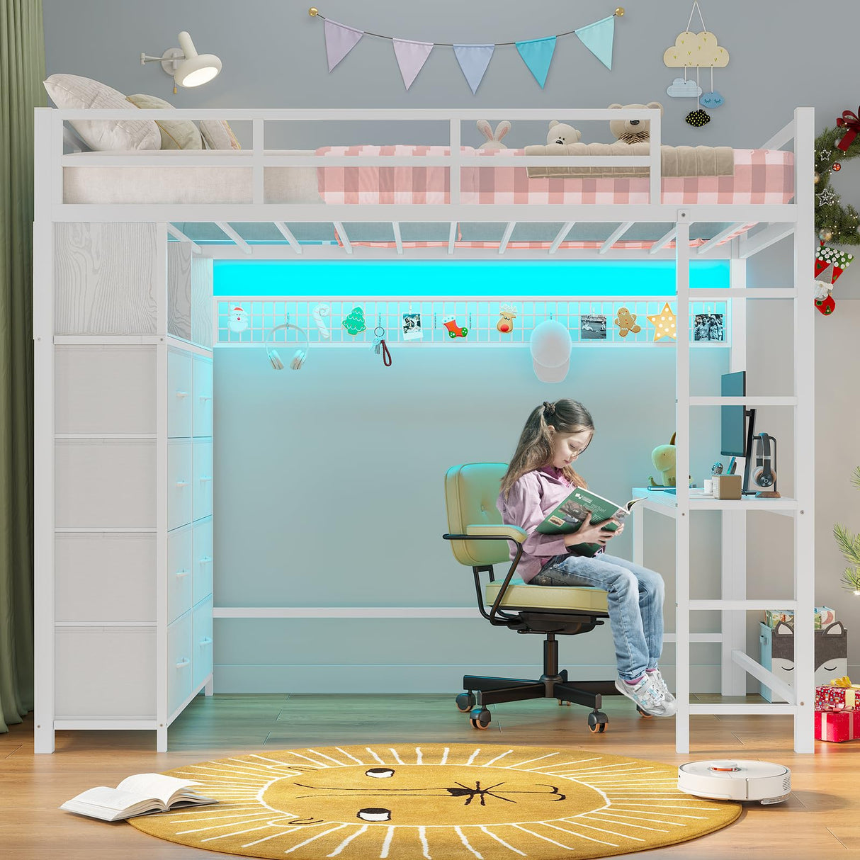 ADORNEVE Twin Size Loft Bed with Desk and 8 Storage Drawers, Metal Kids Loft Bed Twin with LED Lights & Charging Sation, Storage Shelves, 13.1" H Safety Guard & Ladder, No Box Spring Needed, White ADORNEVE
