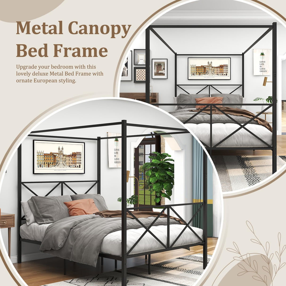 Queen Canopy Bed Frame, Metal Canopy Beds with 4 Poster Design and Geometric Accented Headboard and Footboard, No Box Spring Needed, Underbed Storage Space HomJoones