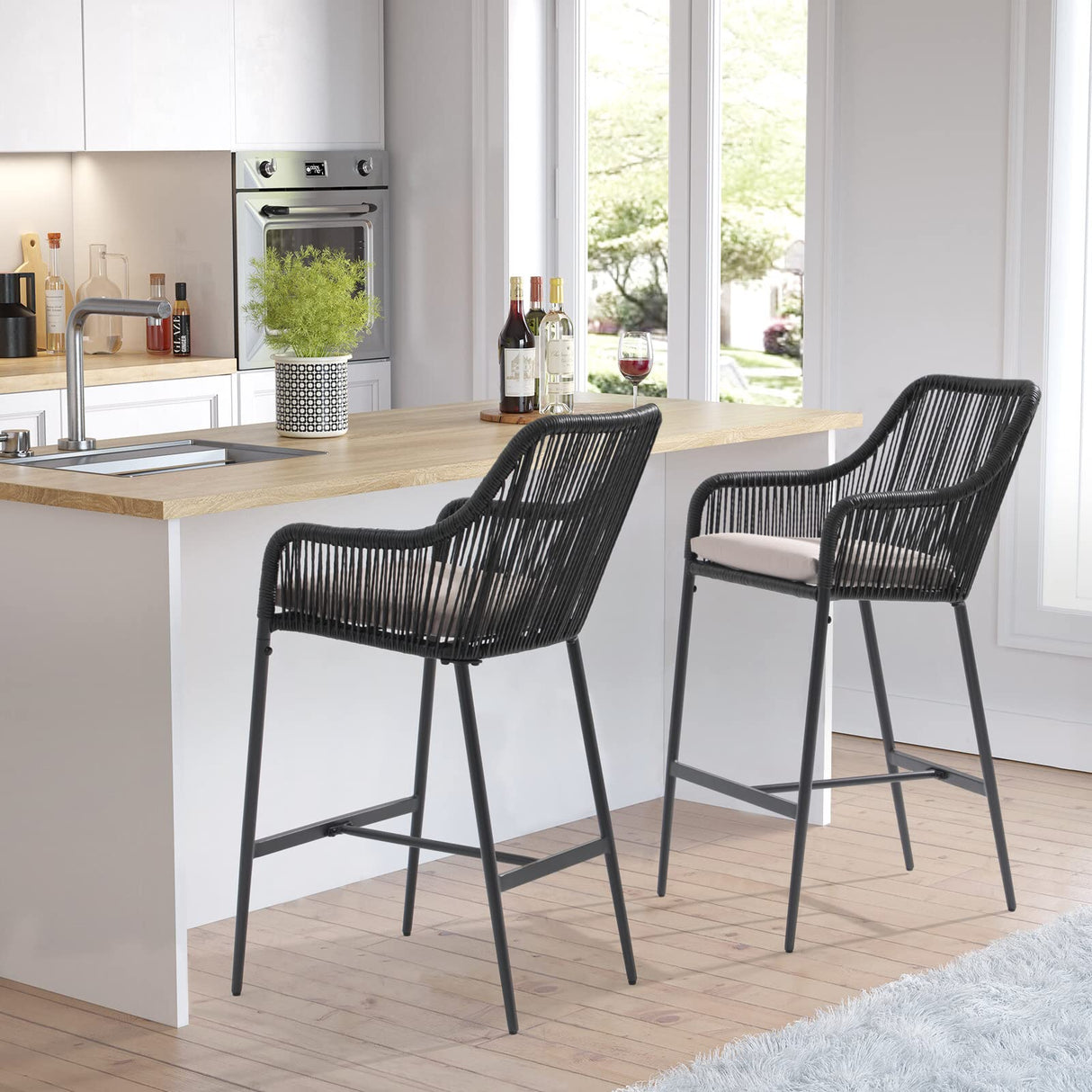 JOIVI Wicker Bar Stools Set of 2, Patio Outdoor Rattan Rope Bar Height Chairs with Cushions, Armrest and Footrest for Indoor, Garden, Poolside, Lawn, Backyard, Black JOIVI
