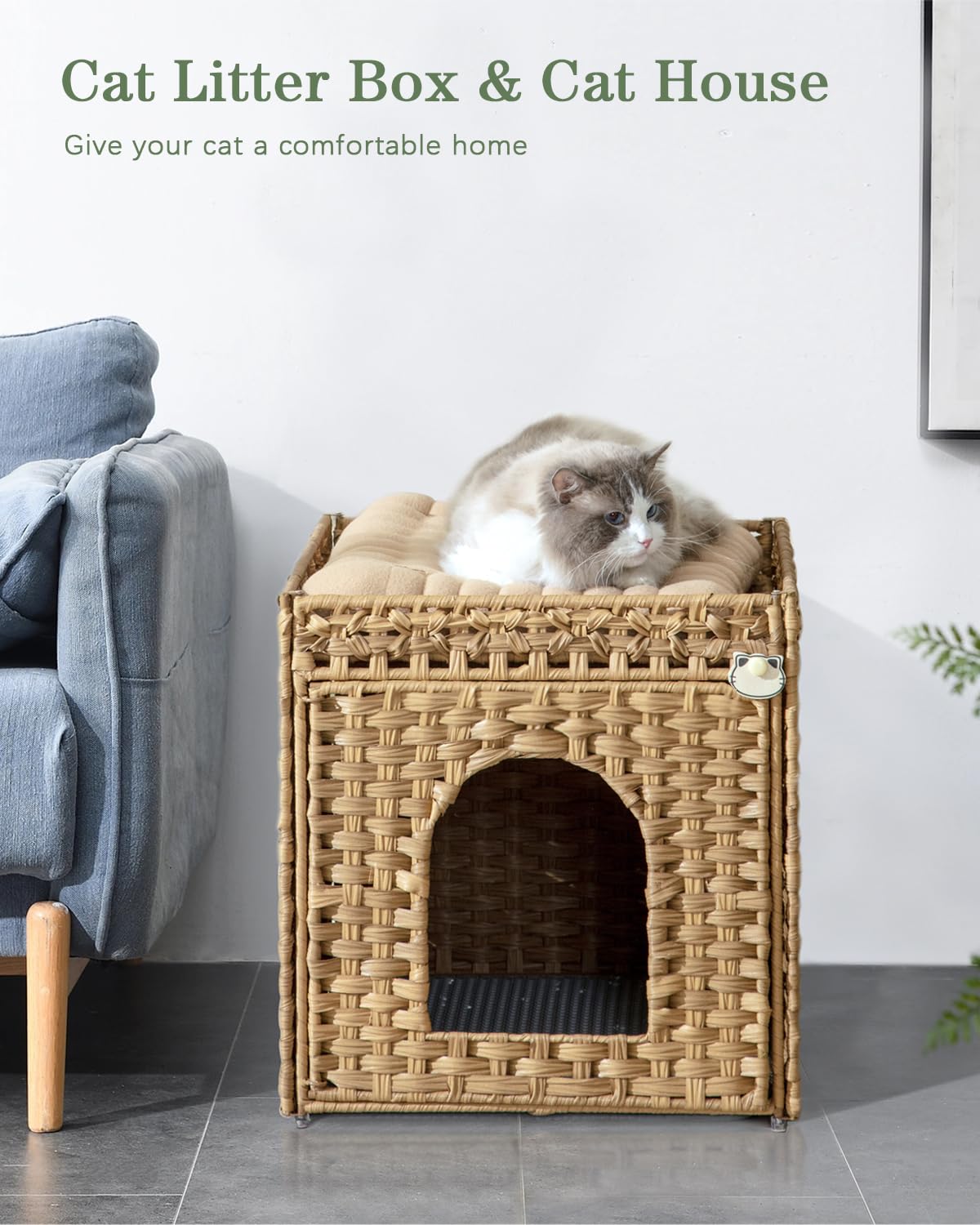 SETVSON Cat Litter Box Enclosure Furniture, Hidden Litter Box with Mat and Fence, Handwoven Rattan Cat House with Two S-Shaped Hooks for Living Room, Bedroom, 18.5 x 20.5 x 19.1 Inches (Natural) SETVSON