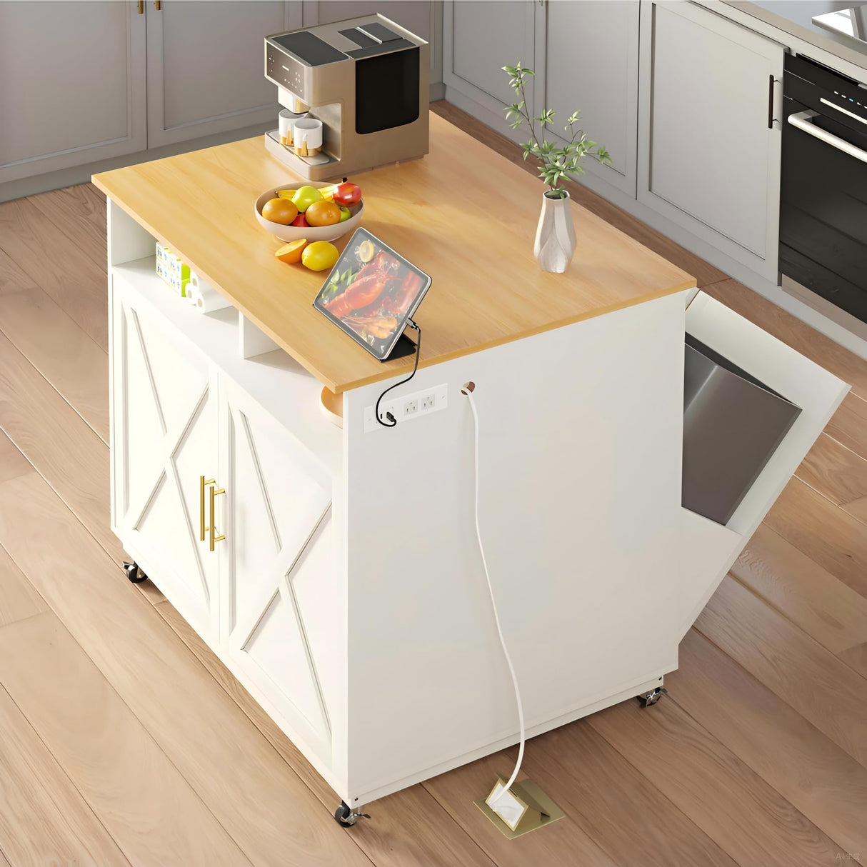 DWVO Kitchen Island with Power Outlet, 40 inch Rolling Island Table with Trash Can Cabinet fits Double 10-Gallon Bin, Square Mobile Storage Islands with Tilt Out Garbage Bin Cabinet, White Oak DWVO