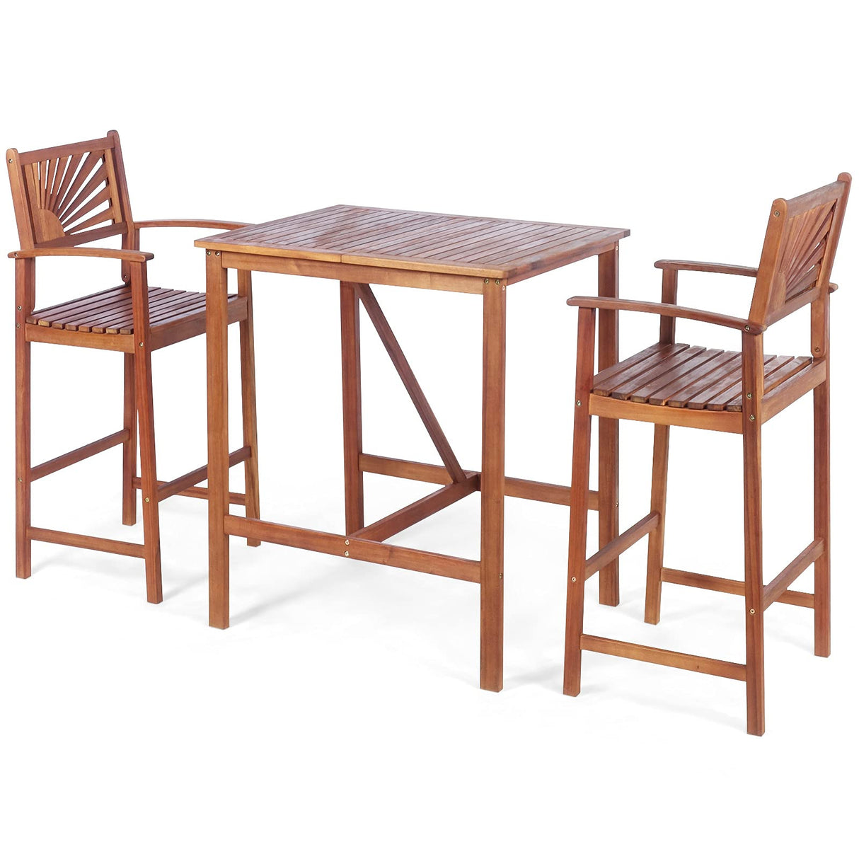 COSTWAY 3PCS Bar Table Set, Outdoor Acacia Wood Dining Set, Spacious Tabletop, Comfortable Backrest, Suitable for Sunroom, Backyard, Balcony, Space-Saving Design COSTWAY
