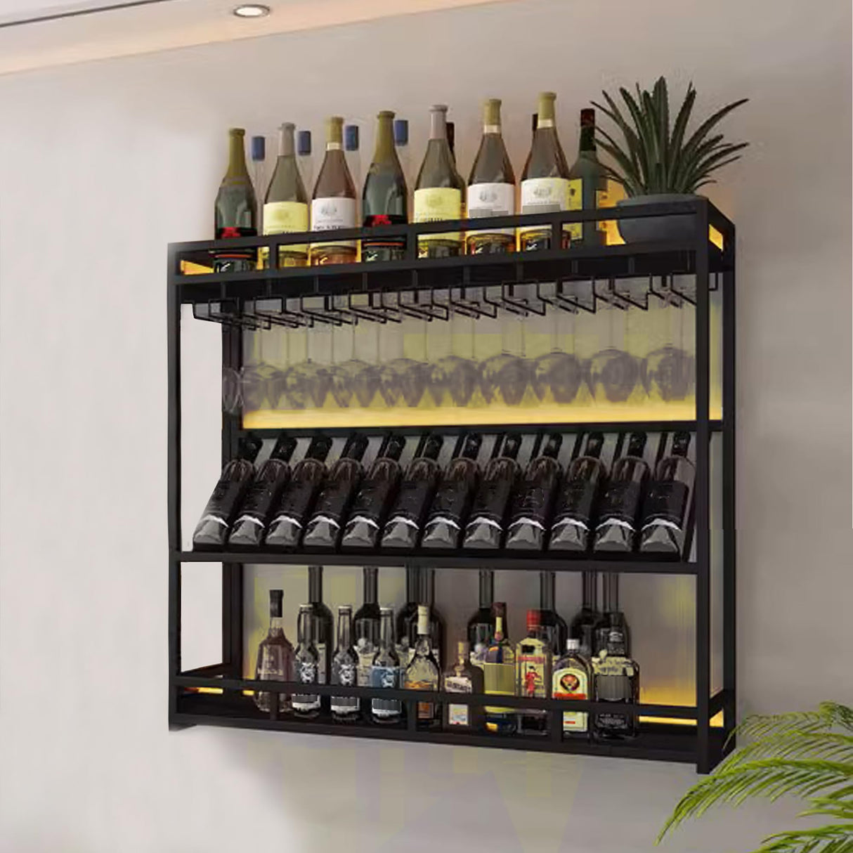 Wall Mounted Wine Rack with LED Lighting Glass Holder, Liquor Bottles Shelves Display Storage Organizer Hanging Long Stemware Goblet Metal for Home Mini Bar Cellar Black WoodArtSupply