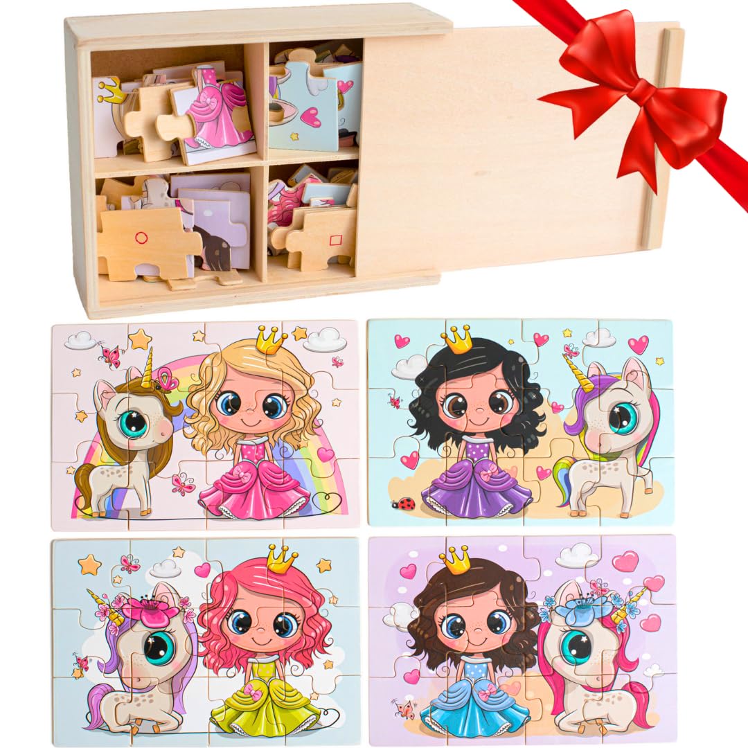 TOYLI 4-in-1 Princess Jigsaw Puzzles for Kids, Wood Puzzles for Kids Ages 3-5 48 Piece Wooden Puzzles for Toddlers 3-5, Wooden Puzzles for Toddlers, Essential Skills Gift for Girls Princesses TOYLI