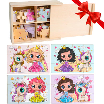 TOYLI 4-in-1 Princess Jigsaw Puzzles for Kids, Wood Puzzles for Kids Ages 3-5 48 Piece Wooden Puzzles for Toddlers 3-5, Wooden Puzzles for Toddlers, Essential Skills Gift for Girls Princesses