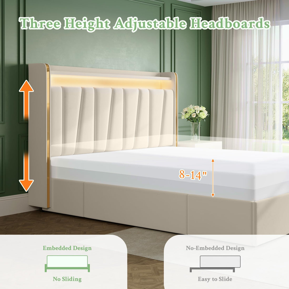 koorlian Queen Bed Frame with 4 Dustproof Drawers and 2-Tier Storage Headboard, 51”Tall Upholstered Platform Bed Frame with Adjustable Headboard, Charging Station, LED Lights, Easy Assembly, Beige koorlian