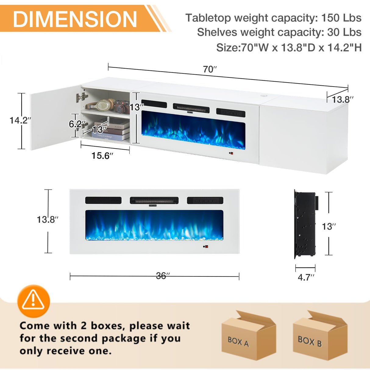 Breezestival 70" Floating TV Stand with 36" Electric Fireplace, Wall Mounted Fireplace TV Stand with Two Hinged Doors, Entertainment Center with LED Lights for Living Room, Bedroom, White Breezestival