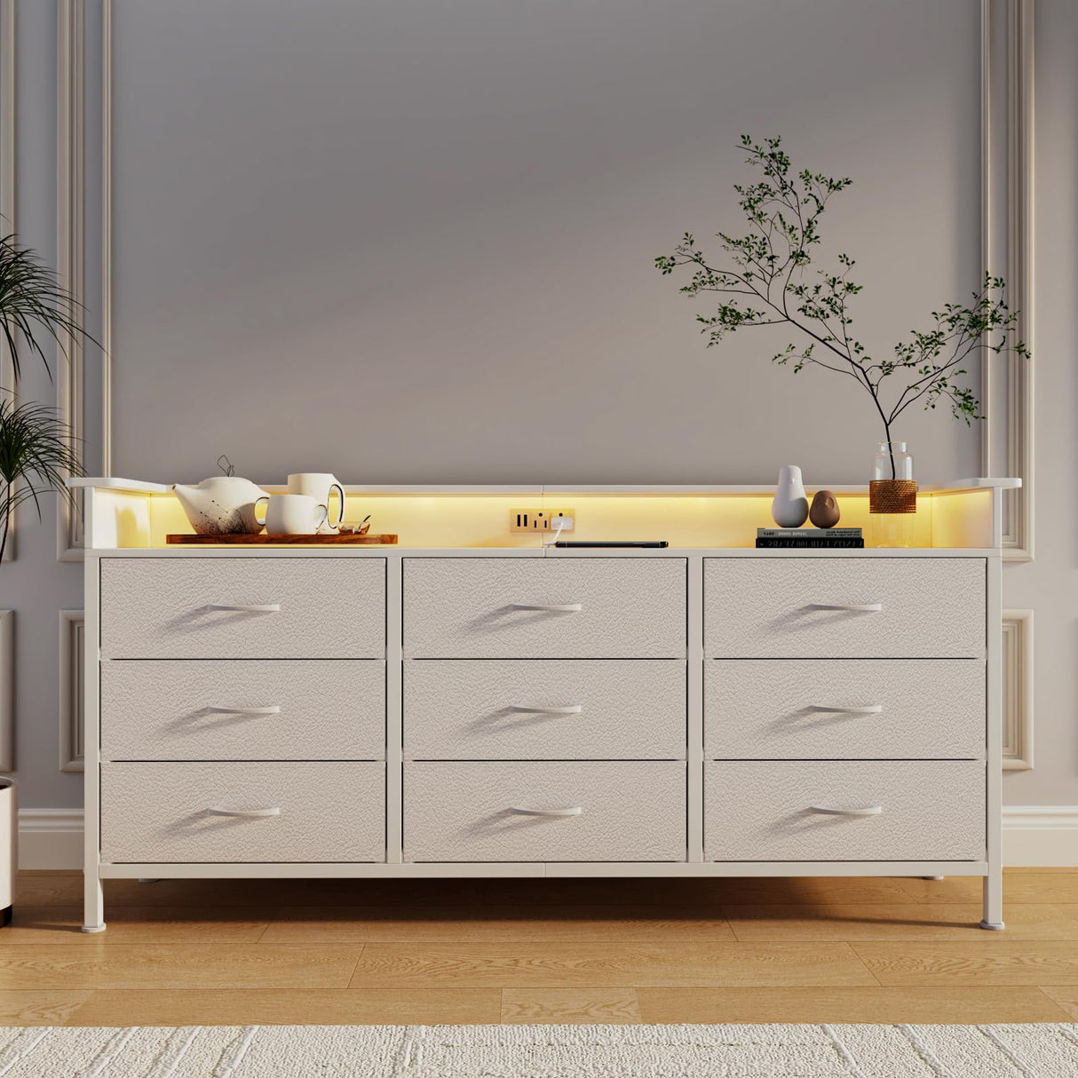 WODRAWER White Dresser for Bedroom with 9 Drawers, Long Dresser TV Stand with LED Lights & Charging Station, Fabric Chests of Drawers for Closet Entryway Living Room WODRAWER