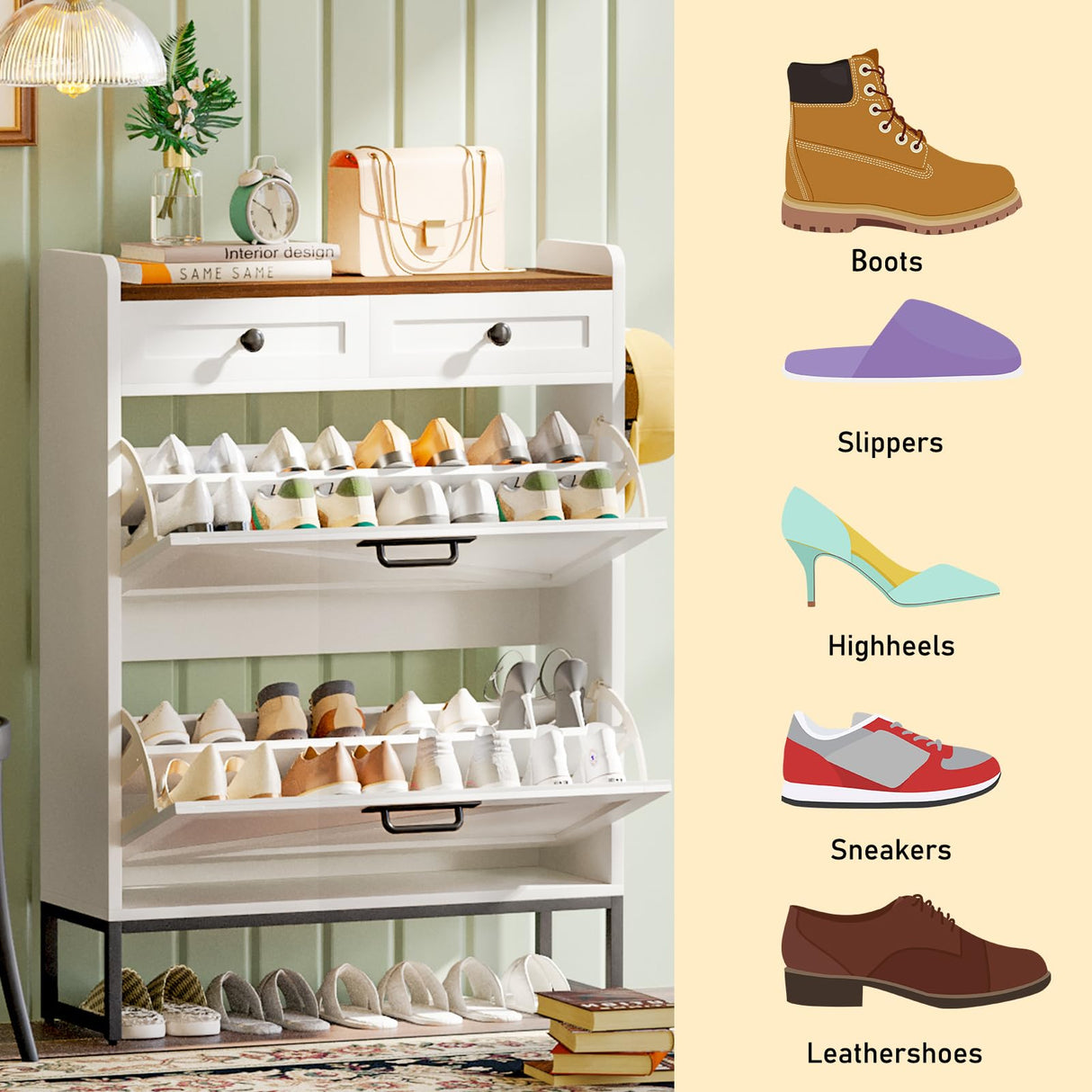 YGEOMER Shoe Cabinet Storage for Entryway, Farmhouse Shoes Organizer Rack with 2 Flip Drawers and 2 Fabric Drawers, Narrow Slim Shoe Cabinet for Door Entrance, White YGEOMER