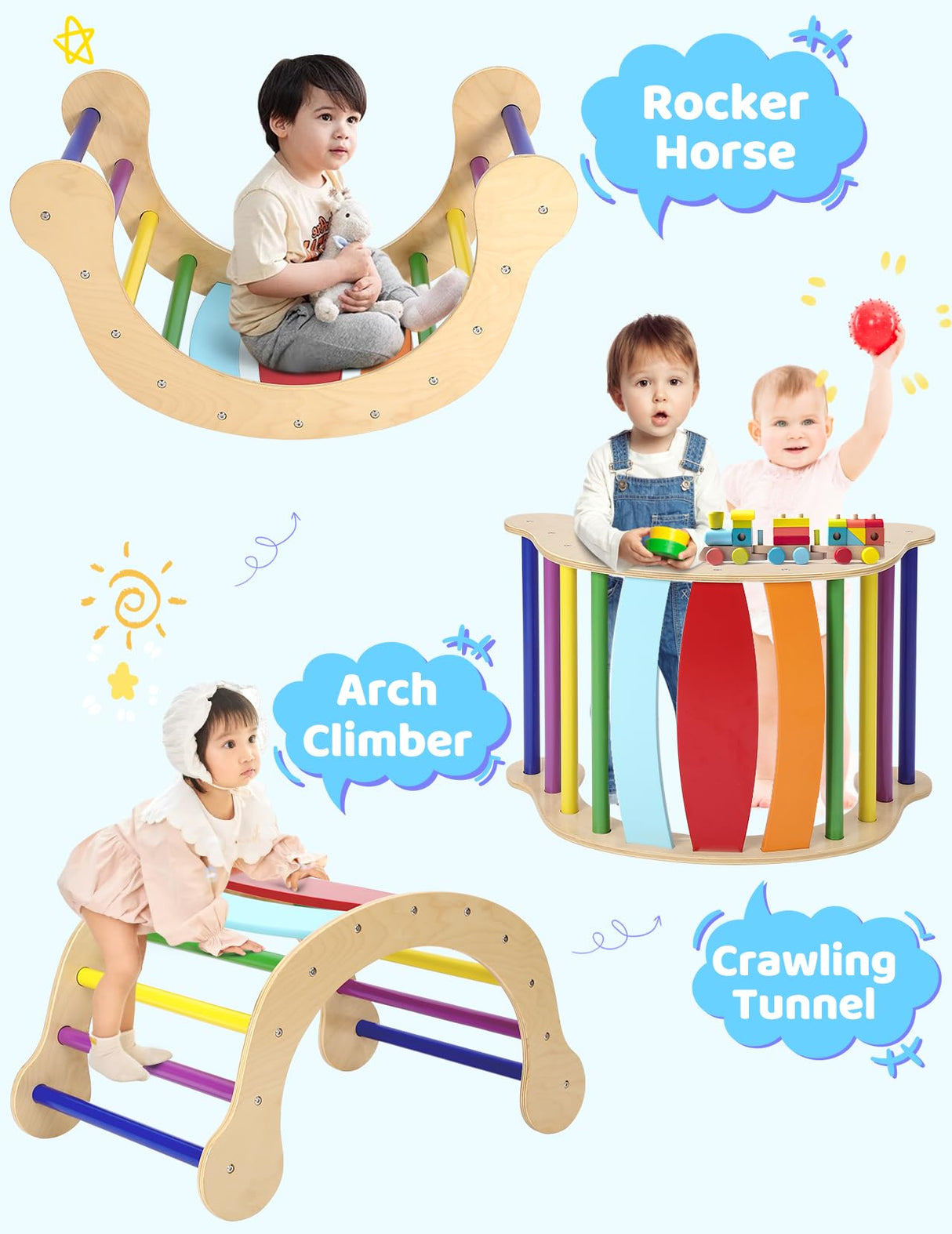 YOLEO Pikler Triangle Set, Foldable 7-in-1 Montessori Climbing Set Fun Baby Pickler-3 Piece Climbing Jungle Gym and Indoor Playground Climbing Toys for Toddlers 1-3 Inside (Rainbow, Advanced Version) YOLEO