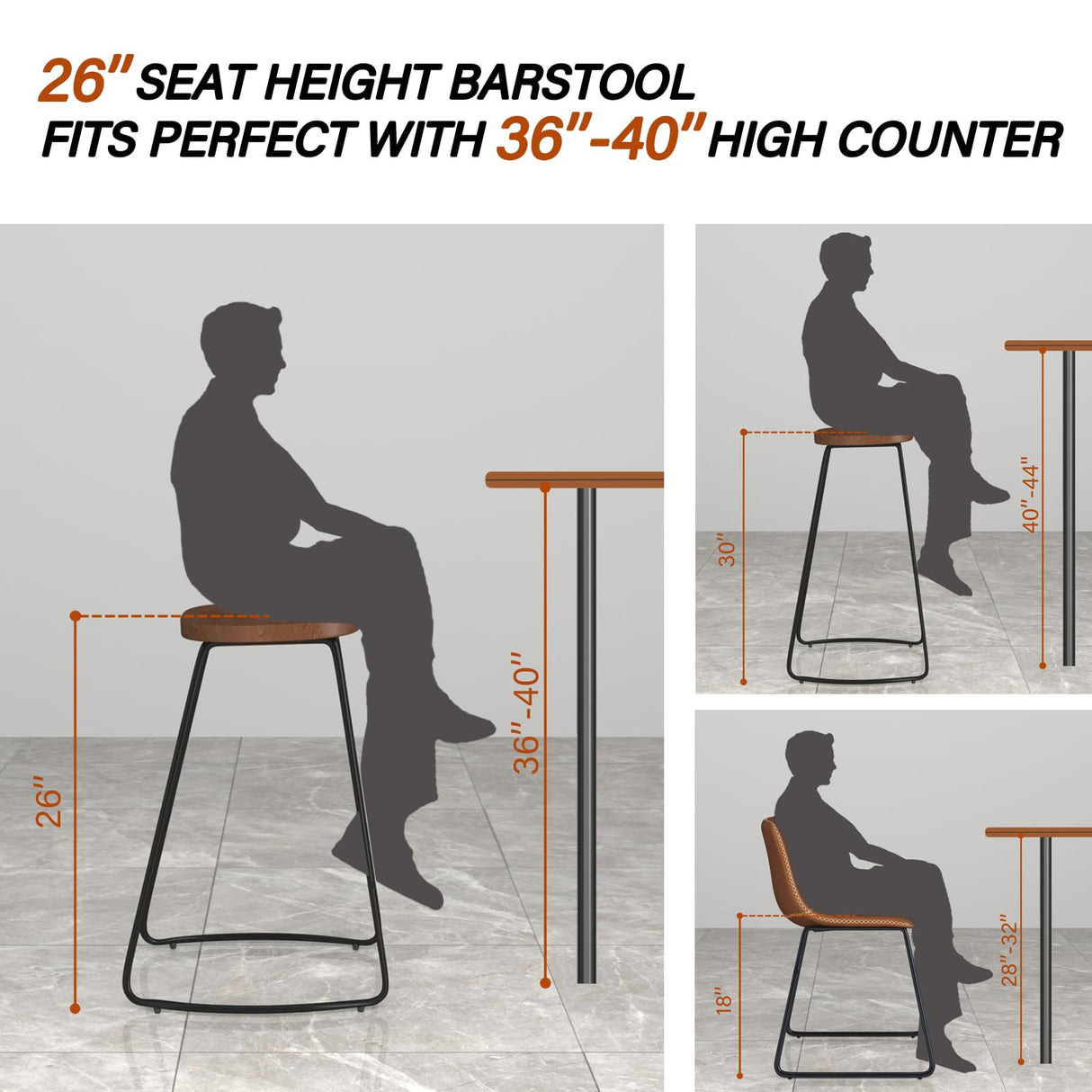 HeuGah Bar Stools, Solid Wood Barstools Set of 2, 26" Counter Height Bar Stools with Metal Leg, Rustic Backless Bar Stools for Kitchen Island, Bar Chairs with Solid Wood Saddle Seat (Walnut, 26 Inch) HeuGah