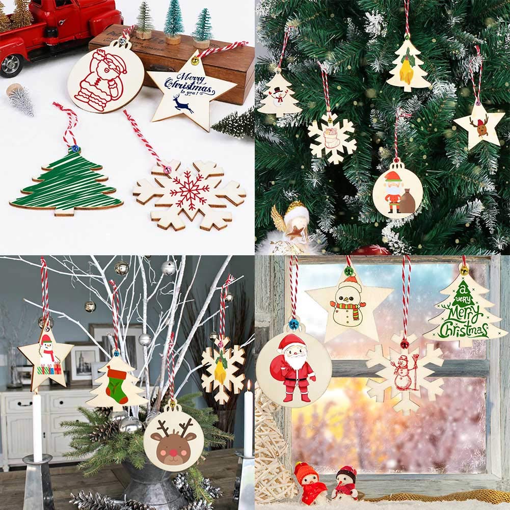 OurWarm 40PCS Wooden Christmas Ornaments Unfinished Wood Slices with Holes, Christmas Crafts DIY Centerpieces Wooden Ornaments to Paint Hanging Decorations Perfect Christmas Gifts for Kids, 4 Styles OurWarm