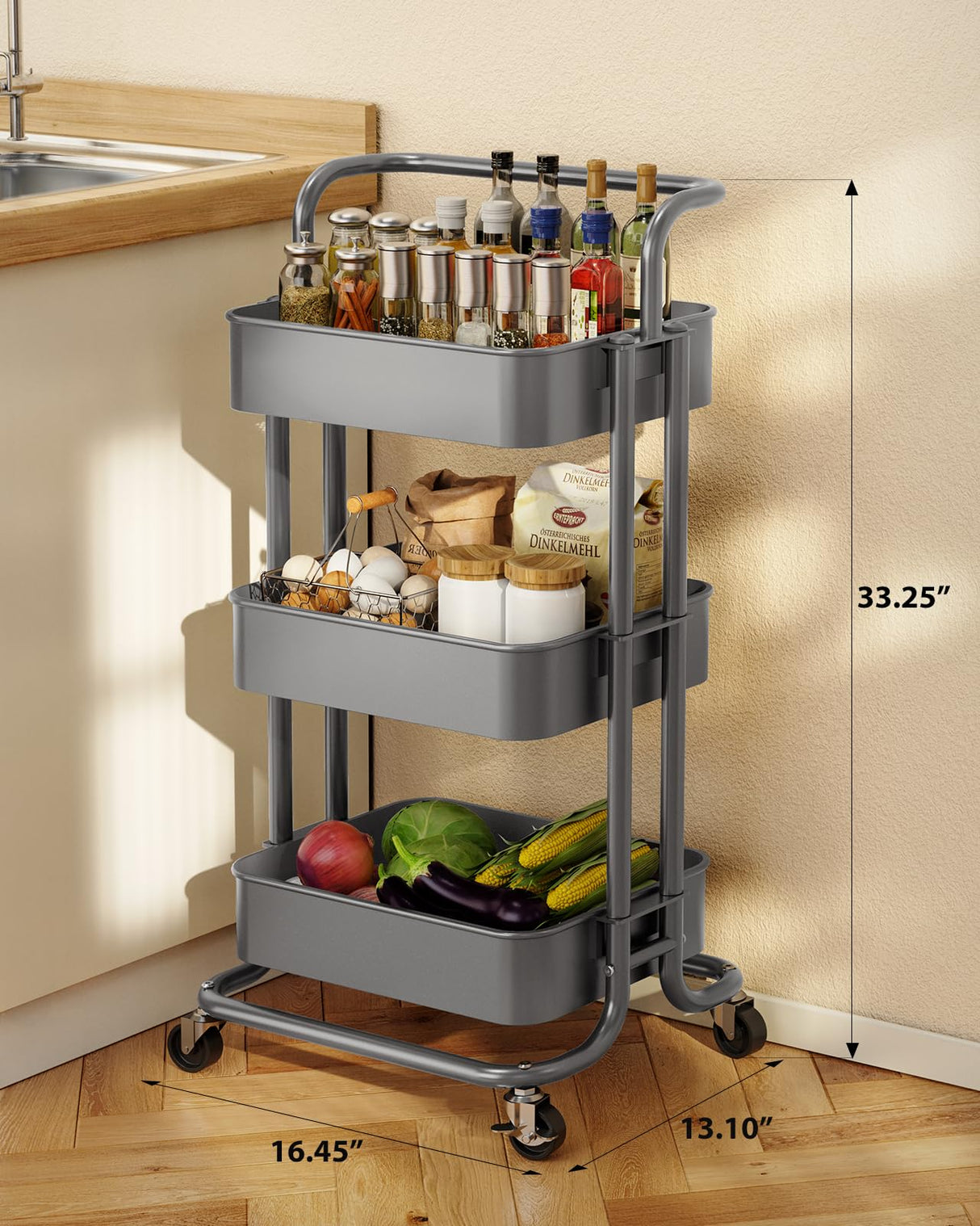 Pipishell 3 Tier Mesh Utility Cart, Rolling Metal Organization Cart with Handle and Lockable Wheels, Multifunctional Storage Shelves for Kitchen Living Room Office Grey Pipishell
