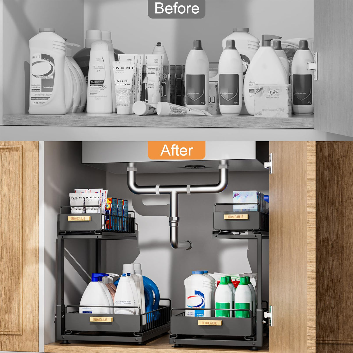 HOMEAILIE Under Sink Organizer, High Adjustable 2 Tier Under Kitchen Sink Organizer, Multi-Purpose Storage Shelf for Kitchen Bathroom Cabinet, Black HOMEAILIE