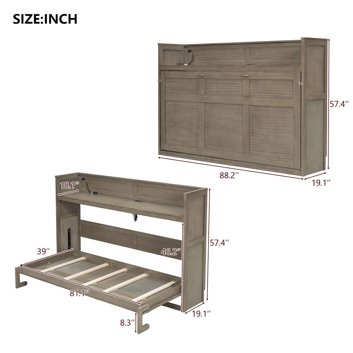 Twin XL Horizontal Murphy Bed with Storage Shelf,LED and Charging Station,Solid Wood Folding Hideaway Farmhouse Murphy Wall Bed Cabinet with Storage for Adults (Natural Wood,Twin XL) MERITLINE