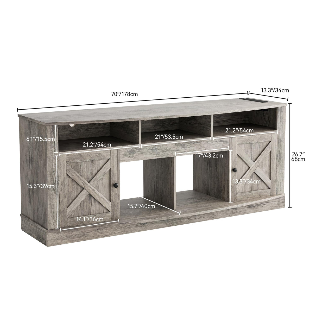 DWVO TV Stand for 75/80 Inch TV, Entertainment Center, LED Light Media Console, TV Cabinet with Barn Doors and Power Outlet for Living Room, Washed Grey DWVO