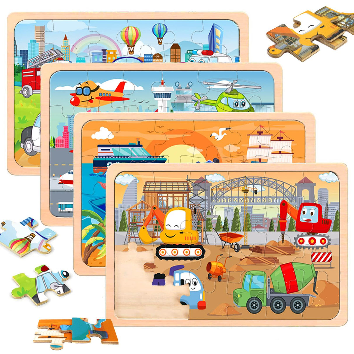 Puzzles for Kids Ages 4-6,24 Pieces Wooden Puzzles for Toddlers Ages 3-5 4-8 3 4 5 6 3-4 Year Olds.4 Pack Car Puzzle Set Children Jigsaw Puzzles for Boys and Girls Educational Learning Toys DQRRZ