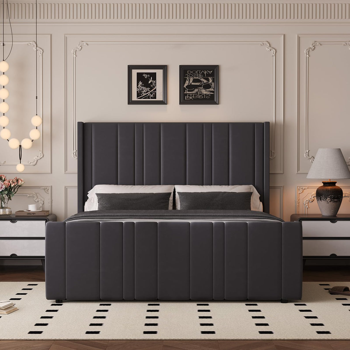 HOMBCK Full Bed Frame with Headboard, Upholstered Platform Bed Full Size with Velvet Headboard & Footboard/Vertical Channel Tufted/Wooden Slats/Noise Free/No Box Spring Needed/Easy Assembly, Grey HOMBCK