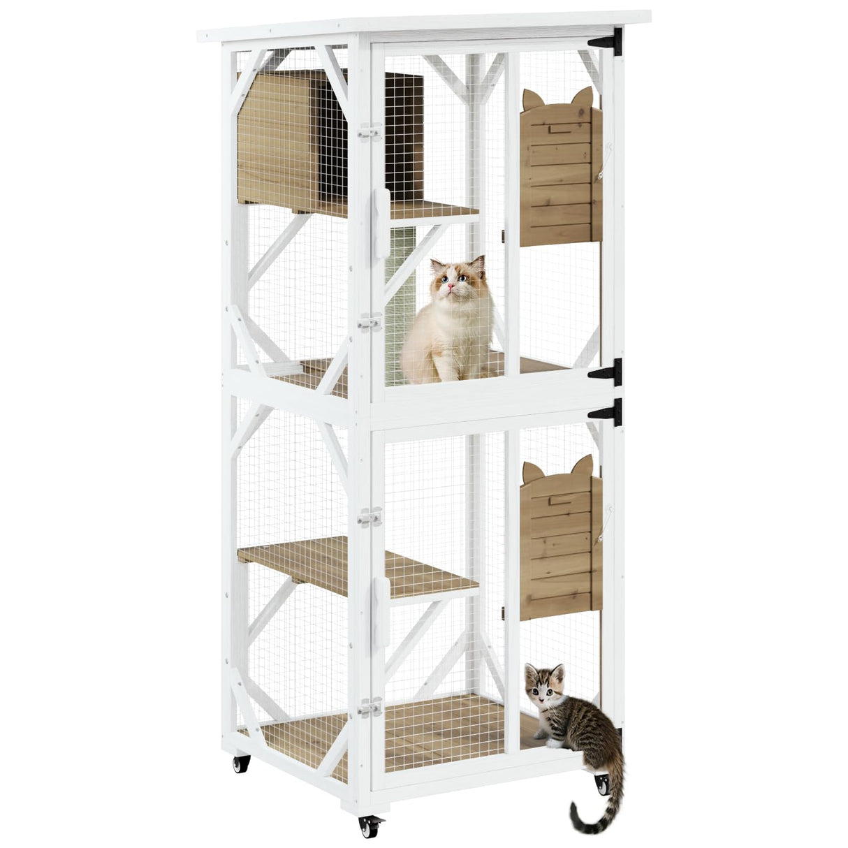 LEMBERI Cat House Outdoor Catio Cat Enclosures on Wheels, 71" Large Outside Patio Wooden Cat Cage Resting Box,Scratching Post, Waterproof Roof (White, 71") LEMBERI