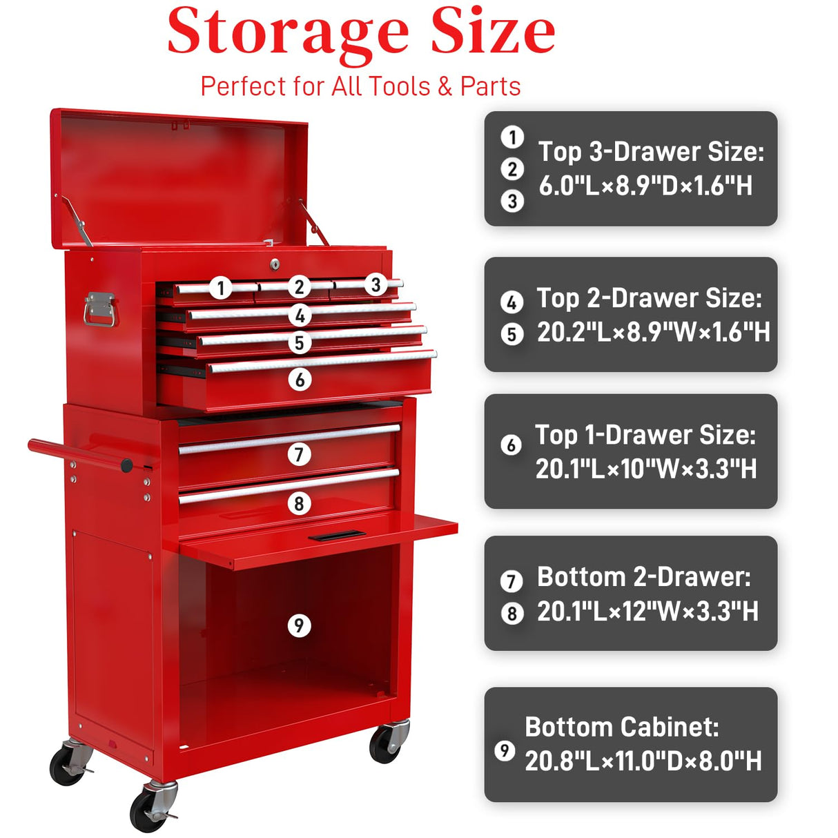 WTRAVEL High Capacity Rolling Tool Chest with 8-Drawer Tool Box on Wheels Multifunctional Tool Cart Mechanic Tool Storage Cabinet for Garage, Warehouse, Workshop, Repair Shop (Red) WTRAVEL