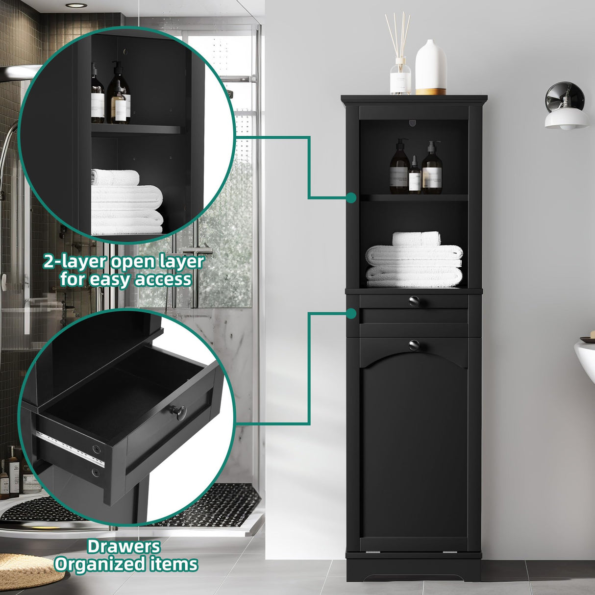 YITAHOME Tilt Out Laundry Hamper Cabinet, 53" Tall Hidden Laundry Hamper with Drawer, Bathroom Storage Cabinet Shelf with a Clothes Basket, Black YITAHOME