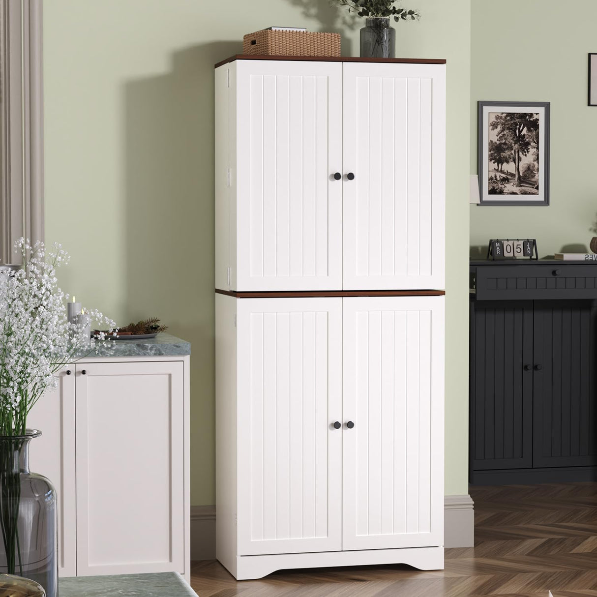 Furnify 72" Tall Kitchen Pantry, Farmhouse Pantry Storage Cabinet with Doors Organizer, Freestanding Cupboard with Adjustable Shelves, Rustic Buffet Cabinet for Kitchen, Dining Room, Bathroom, White Furnify