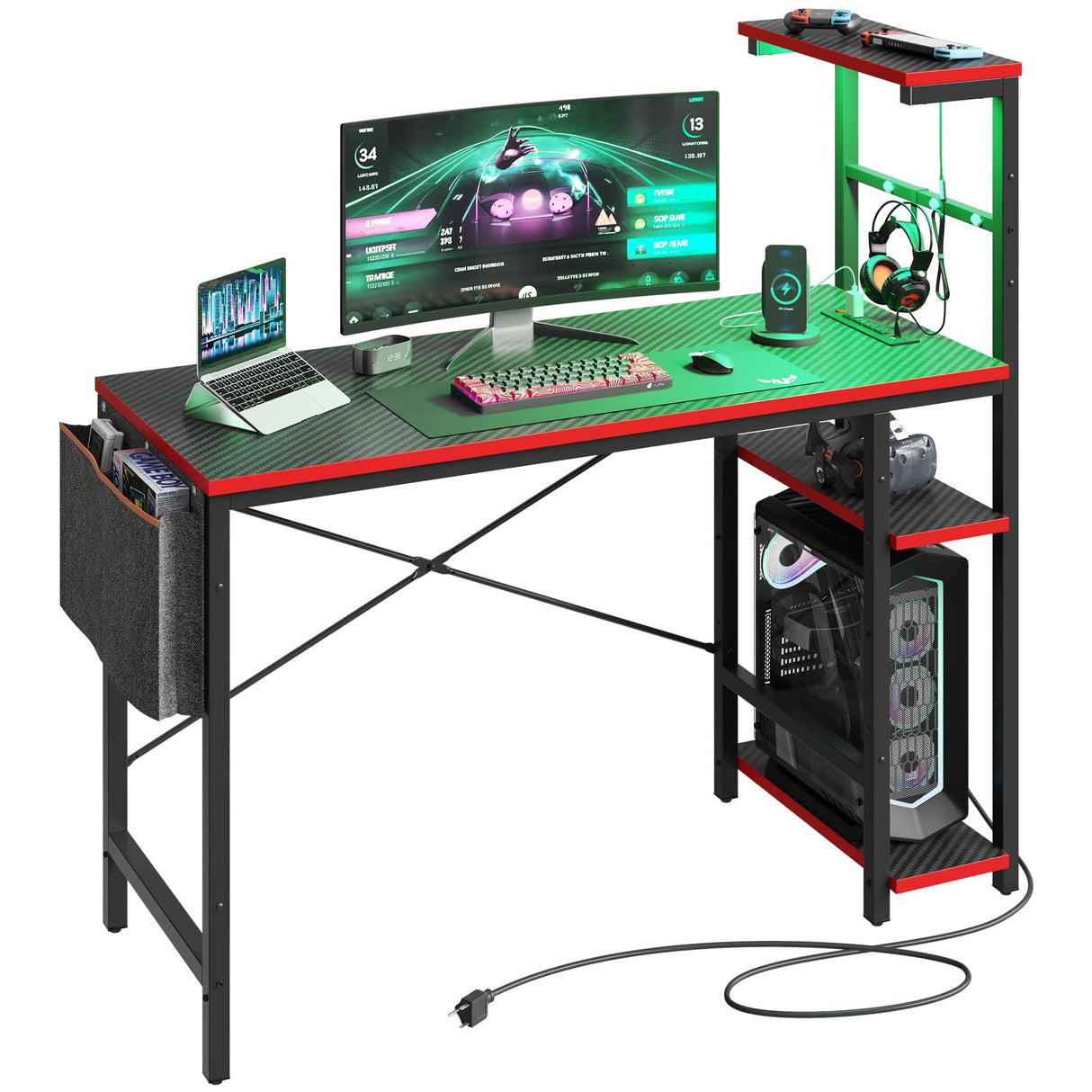 Bestier Gaming Desk with Power Outlets, 44 Inch Led Gamer Desk with 4 Tiers Reversible Shelves, PC Gaming Table with Headset Hook & Side Storage Bag for Bedroom (Black 3D Carbon Fiber) Bestier
