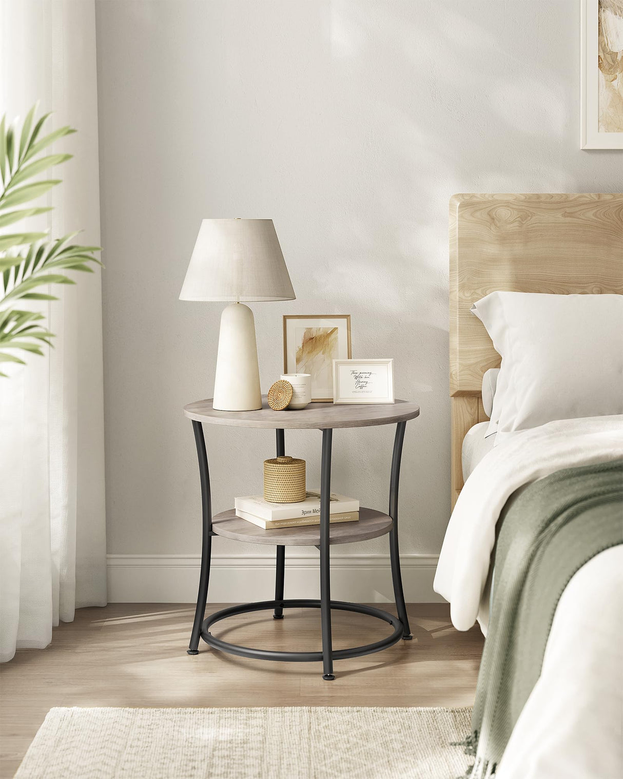 VASAGLE Side Table, Round End Table with 2 Storage Shelves for Living Room, Bedroom, Nightstand with Steel Frame for Small Spaces, Accent Coffee Table, Greige and Ink Black VASAGLE