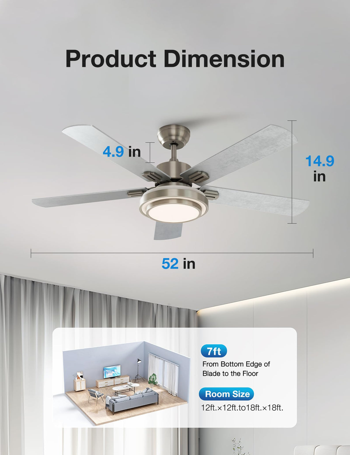 warmiplanet Ceiling Fan with Lights Remote Control, 52 Inch, Brushed Nickel (5-Blades) warmiplanet