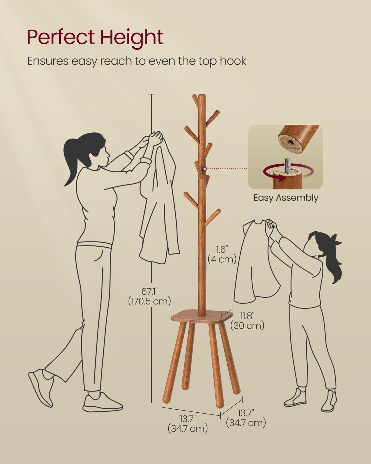 VASAGLE Coat Rack, Free Standing Coat Stand, Hall Coat Tree with 8 Hooks and Storage Shelf, 67.1 Inch Tall, for Coats, Hats, Bags, for Entryway, Hallway, Bedroom, Caramel Brown URCR033K01 VASAGLE