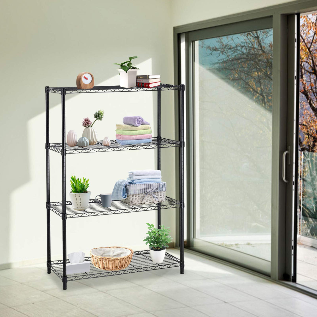 Heavy Duty Metal Storage Shelves - 4 Tier Wire Shelf with Wheels, 36" L x 14" W x 54" H, Adjustable Layer Rack, 1000 LBS, Black Hudada