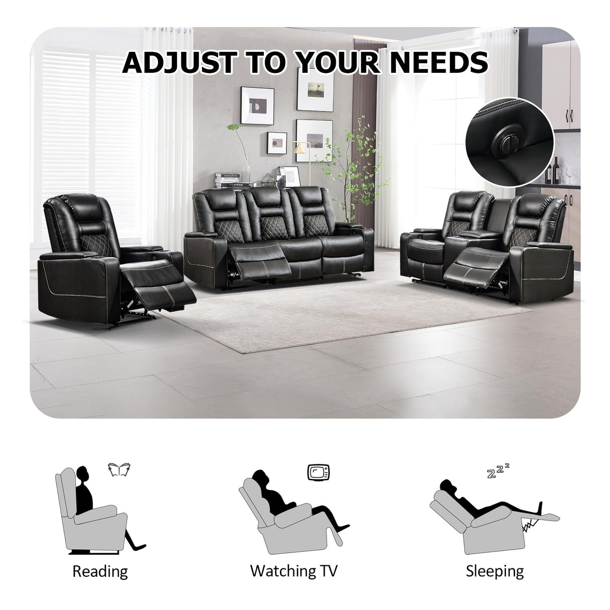 CANMOV Home Theater Seating Seats, Theater Recliner Chair Sofa, PU Leather 3 seat Power Recliner Sofa with Cup Holders, Hidden Arm Storage, USB Ports,Black CANMOV