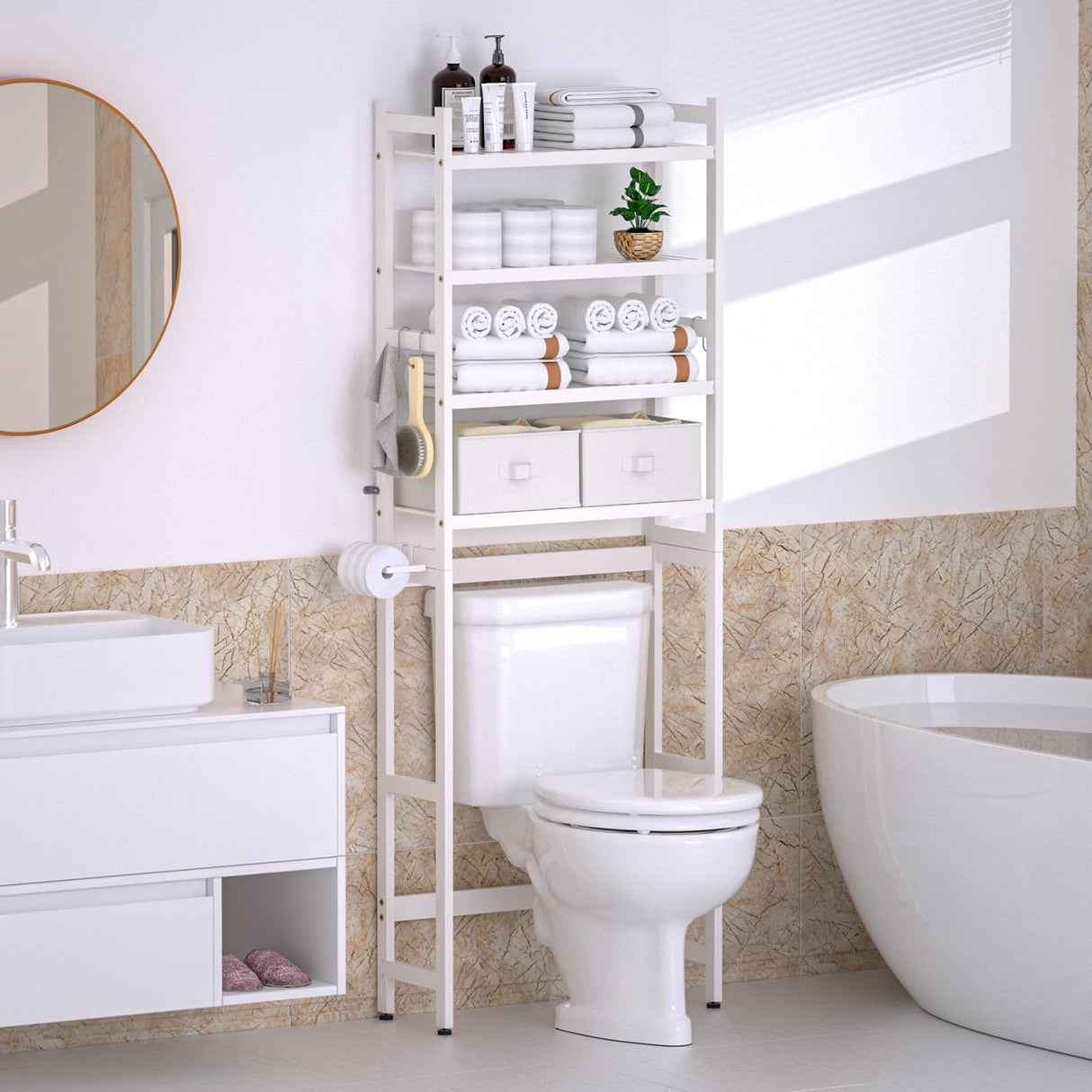 Cozivolife Over The Toilet Storage with 2 Baskets,4-Tier Bamboo Over Toilet Organizer Rack with Paper Holder & 4 Hooks & Waterproof Feet Pad,Freestanding Above Toilet Shelf for Bathroom(White) Cozivolife