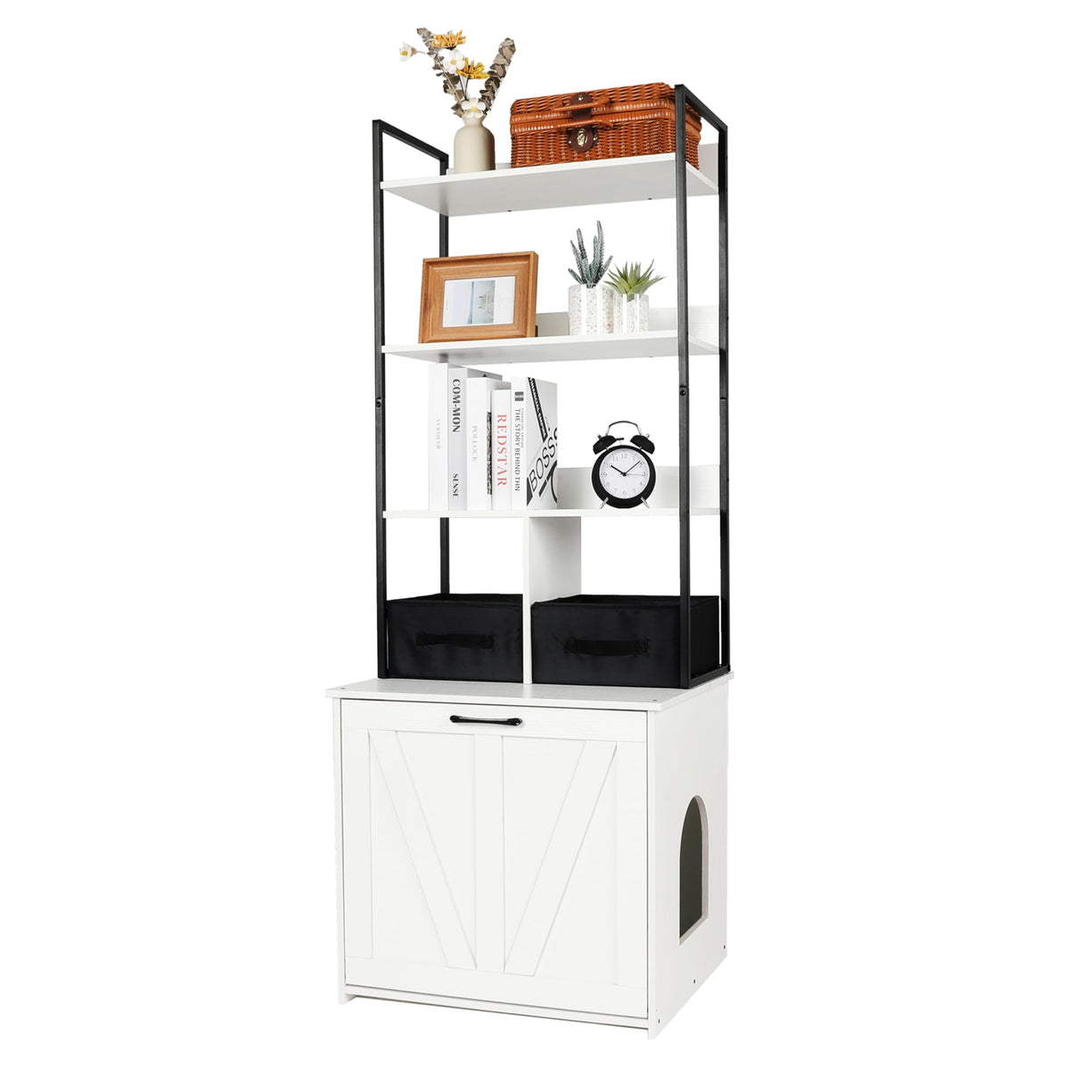 DWANTON Litter Box Enclosure with 3 Storage Shelves and 2 Drawers, 2-in-1 Hidden Cat Litter Box Enclosure Furniture with Shelf, Reversible Entrance, Washable Drawers, 61.8-Inch, White Dwanton