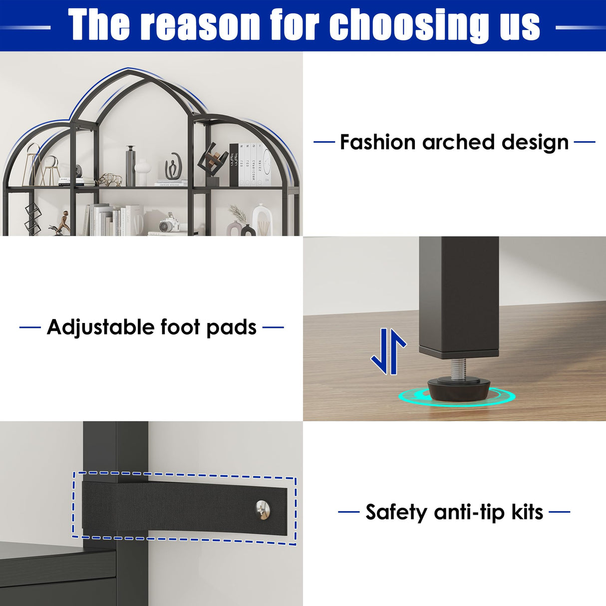 Nosepen Triple Wide 5 Tier Tall Arched Bookshelf and Bookcase with 3 Cabinets, Industrial Metal Etagere Open Bookshelf, Wood Standing Book Shelf with Black Metal Frame for Bedroom Living Room Nosepen