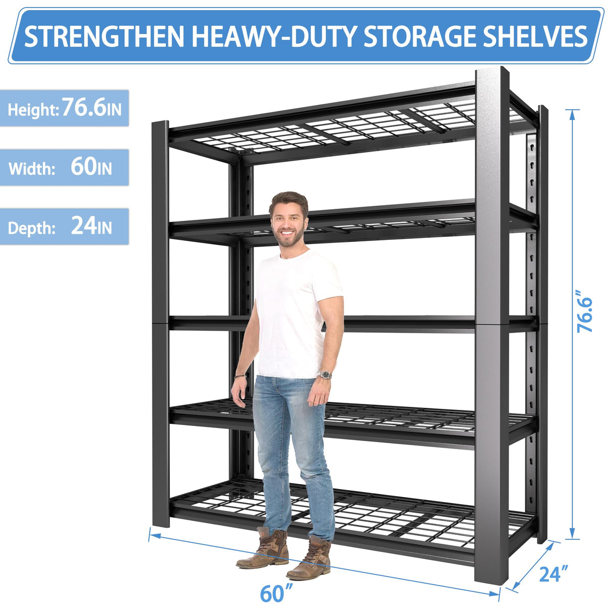 NEXVRTAU 5-Tier Heavy Duty Garage Shelving Unit with Wire Shelves,3000 LBS Capacity Metal Storage Rack 76"H x 60"W x 24"D,Adjustable Boltless Steel Shelves for Garage,Basement,Pantry,Warehouse.1 Pack Nexvrtau