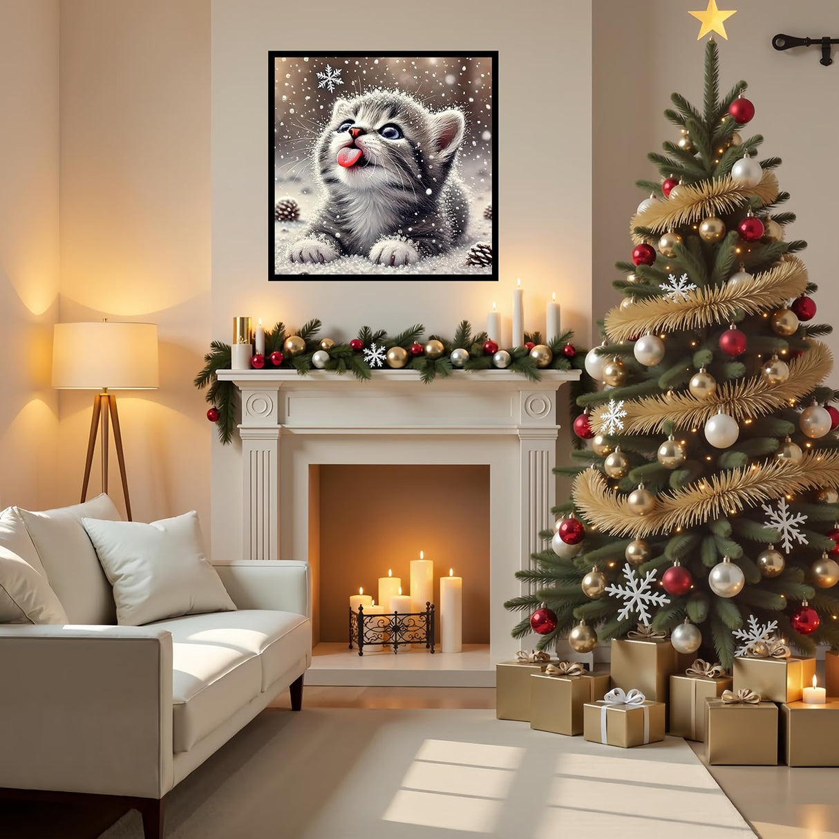 CHWGLFGG 5D Diamond Art Kits for Adults Beginners, Cat Diamond Painting Kits, DIY Full Round Drill Winter Snowy Paint by Diamonds Dot Gem Art for Adults, Home Wall Decor 13.7X 13.7 Inch CHWGLFGG