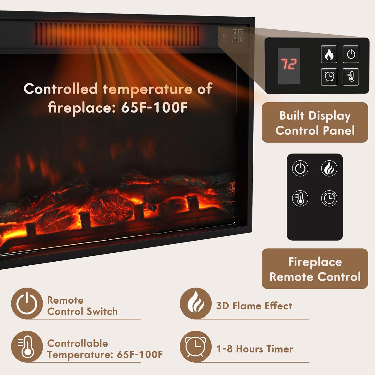 Furniwell Fireplace TV Stand for 65 Inch TV, Media Entertainment Center Console Table with 26" Electric Fireplace, Farmhouse TV Stand with Storage Cabinet for Living Room (Natural) Furniwell