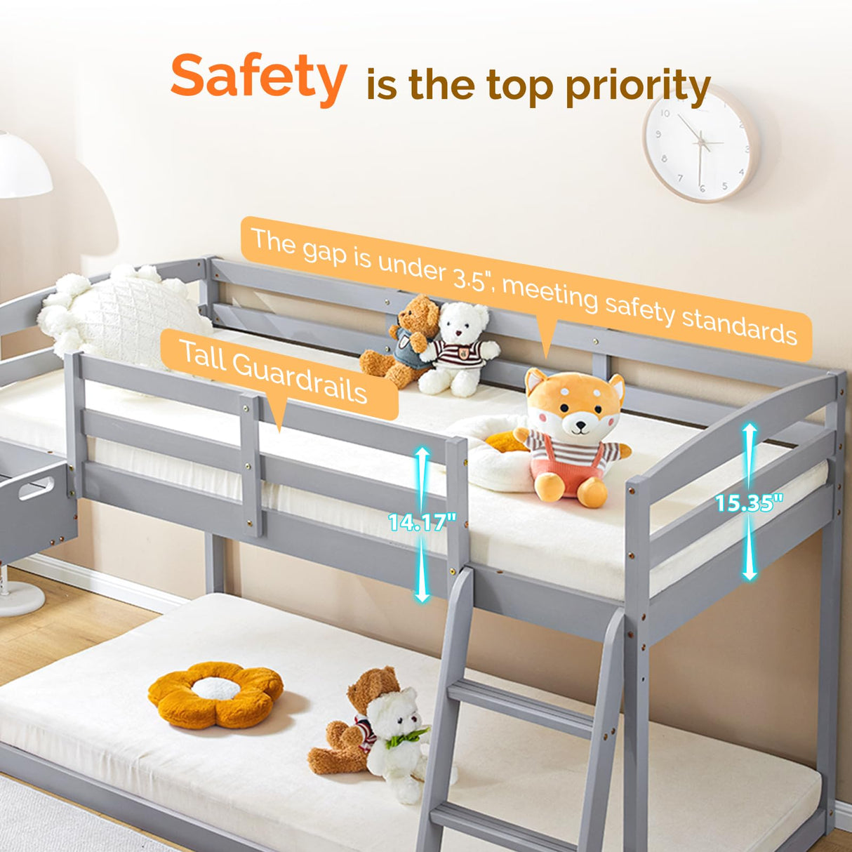 JOYMOR Bunk Bed with Curved Slide, Bunk Bed Twin Over Twin, Toddler Bunk Bed with Slide and Angled Ladder, Solid Pine Wood Slide Bed,14" Safety Guardrail, Anti-Slip Steps JOYMOR