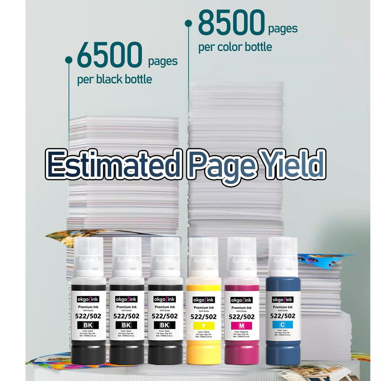okgo 522 T522 Ink High Capacity Refill Bottles (20.3 Fl Oz) Replacement for Epson 502 Ink Use for EcoTank ET-2720 ET-2800 ET-2803 ET-2840 ET-4700 ET-4800 ET-4810 (6 Pack, 600ml) Black Color Combo OKGO!INK