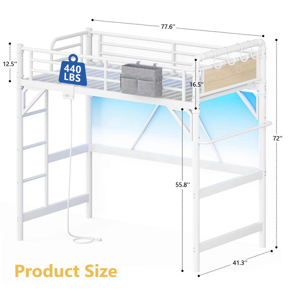 Twin Size Loft Bed with LED Lights and Charging Station, Industrial Heavy Duty Metal Loft Bed Frame with Ladder and Guardrail for Kids Adults, Small Space Saving Design for Bedroom Dorm, White Jocoevol