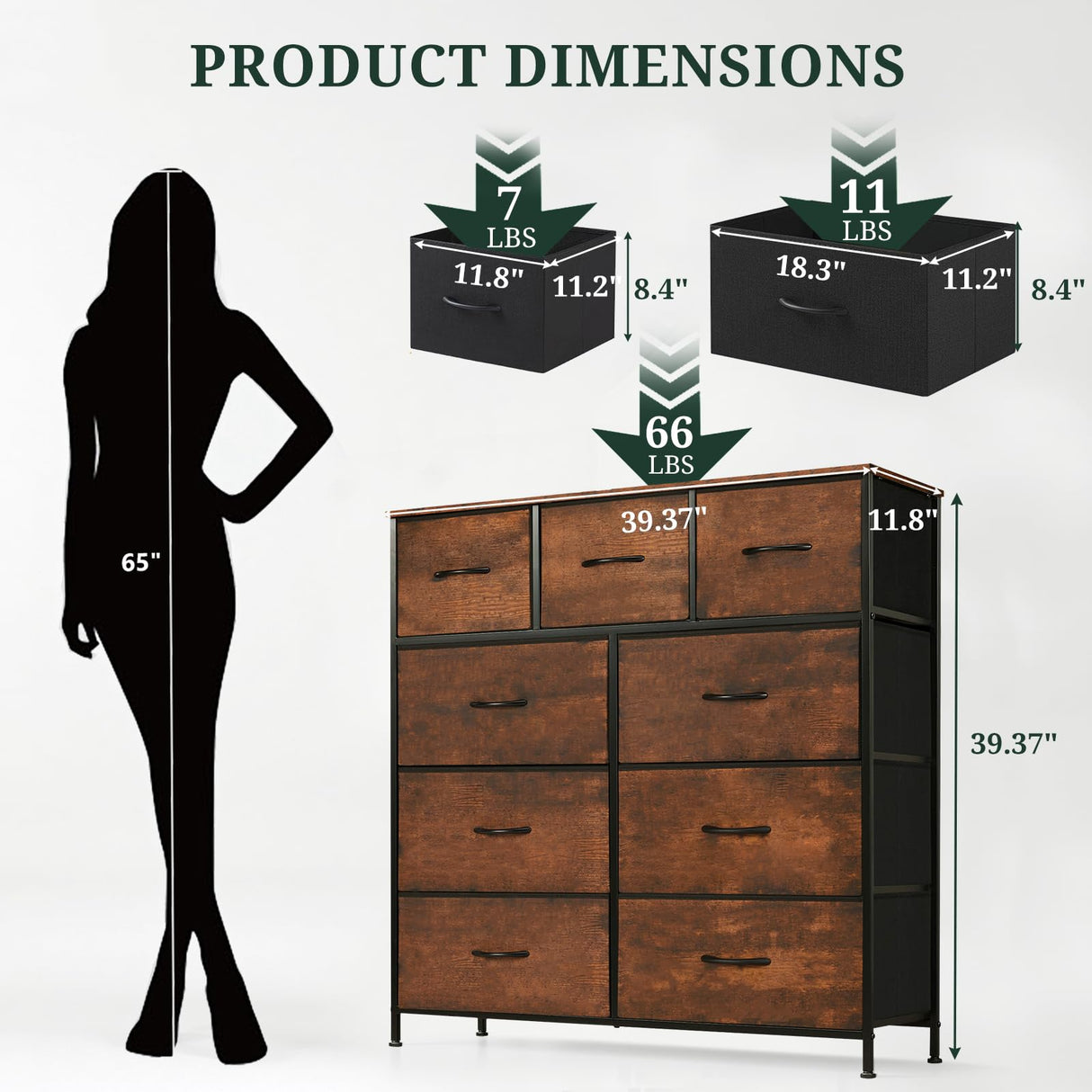 9-Drawer Dresser for Bedroom, Anti-Tip Tall Storage Organizer Chest of Drawers with Wooden Top and Metal Frame Fabric Bins for Closet, Living Room, Hallway, Entryway, Brown SageNest