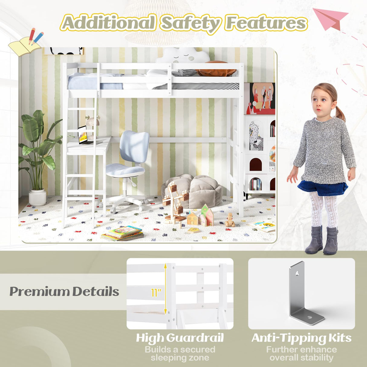 KOMFOTT Solid Wood Twin Loft Bed with Integrated Study Desk and Dual Ladders - Space-Saving Design for Teens and Adults (White) KOMFOTT