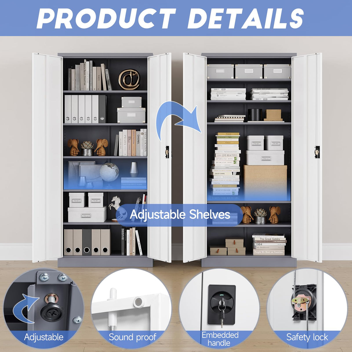 Yizosh Metal Garage Storage Cabinet with Lock, 71" Locking Tool Cabinet with 2 Doors and 5 Shelves, Tall Steel Cabinet for Garage, Heavy Duty File Cabinet for Office, School (Gray White) Yizosh