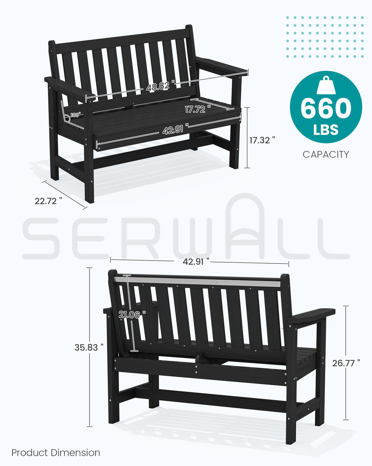 SERWALL Outdoor Bench, HDPE Outdoor Benches Weatherproof, 2-Person Garden Bench with 660 lbs Weight Capacity, Patio Benches for Outdoors, Garden, Porch, Backyard and Park, Black SERWALL