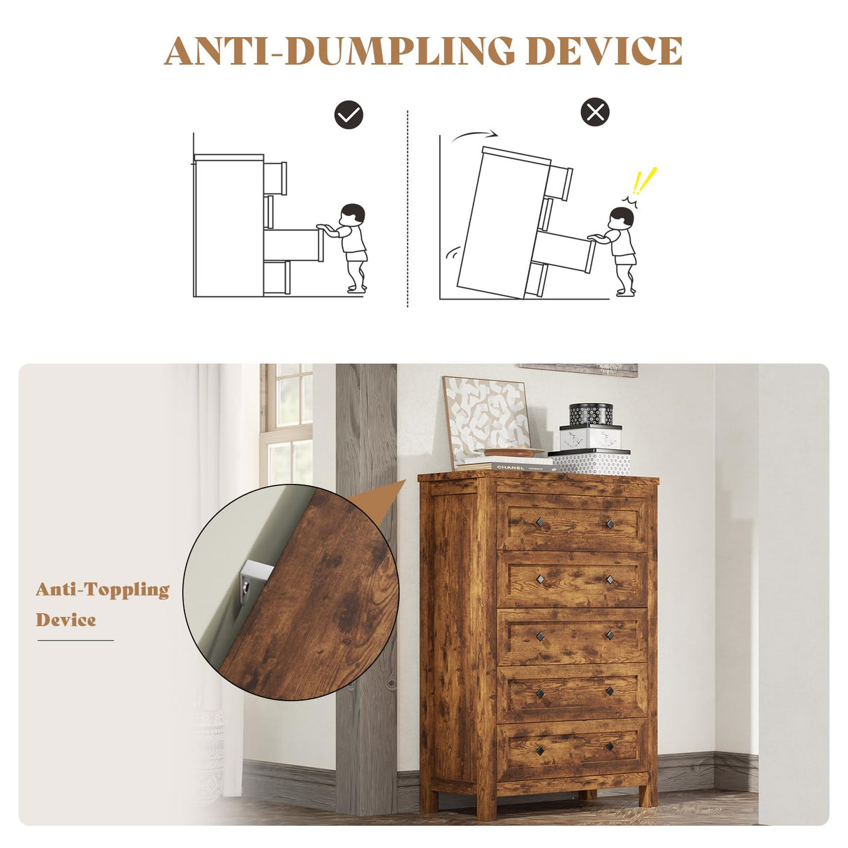 AMERLIFE 5 Drawers Dresser for Bedroom, Farmhouse Wood 47" Tall Dresser for Closet, Natural Texture Chest of Drawers for Bedroom, Living Room, Hallway and Entryway, Rustic Brown AMERLIFE