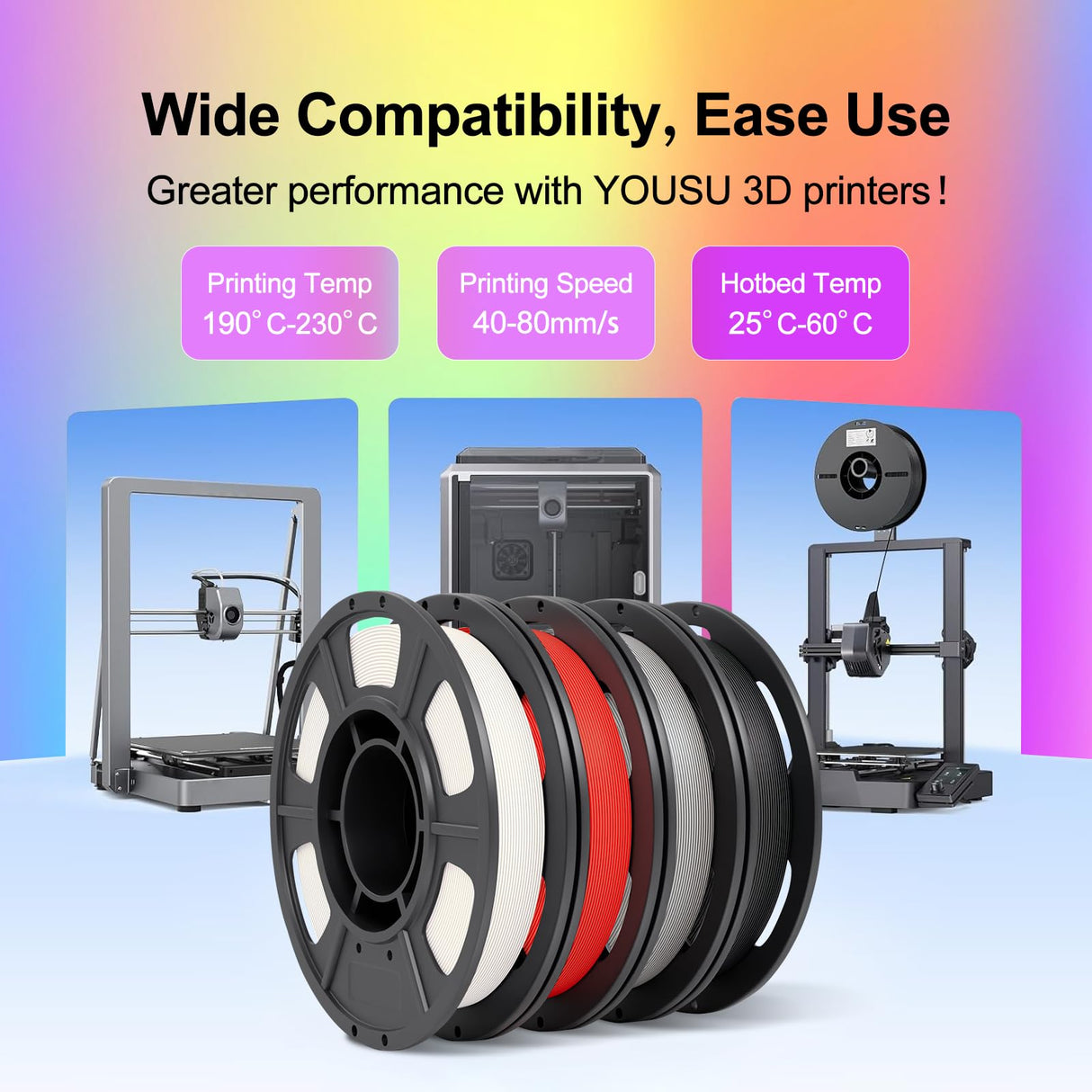 YOUSU PLA 4 * 250g 3D Printer Filament Bundle 1.75mm, Print with Most FDM 3D Printers, 1kg (2.2lbs), 4 Pack 250g Spool, Accuracy +/- 0.02mm,Black+White+Grey+Red Yousu